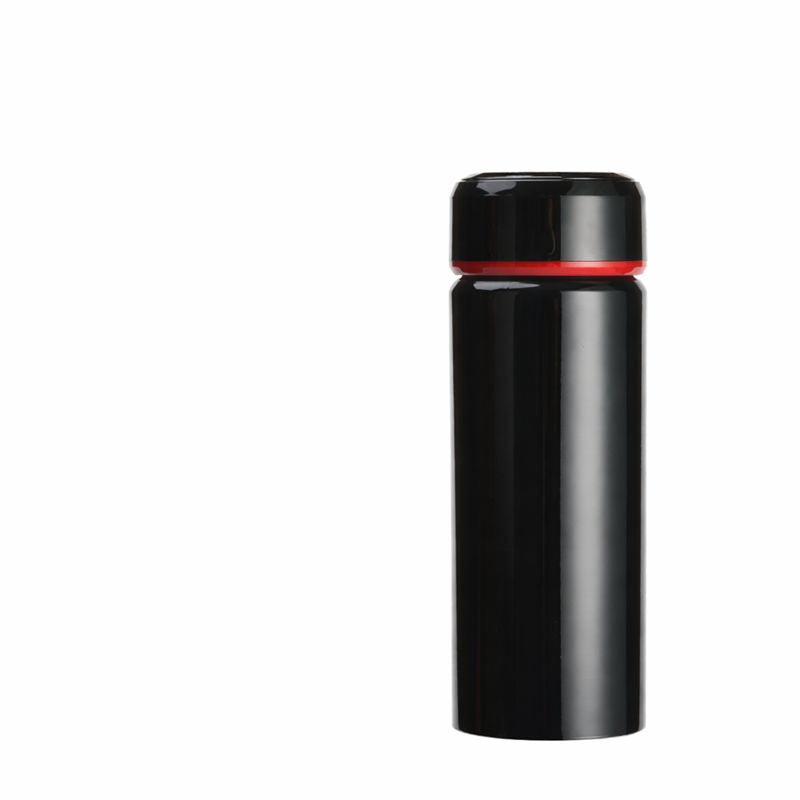 Black thermos bottle with a red rim on a white background