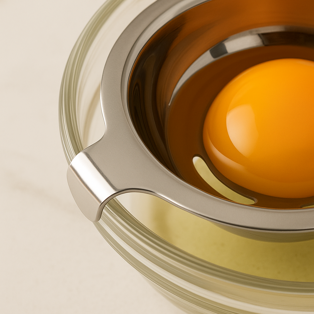 Metallic egg separator with an egg over a glass bowl on a marble surface