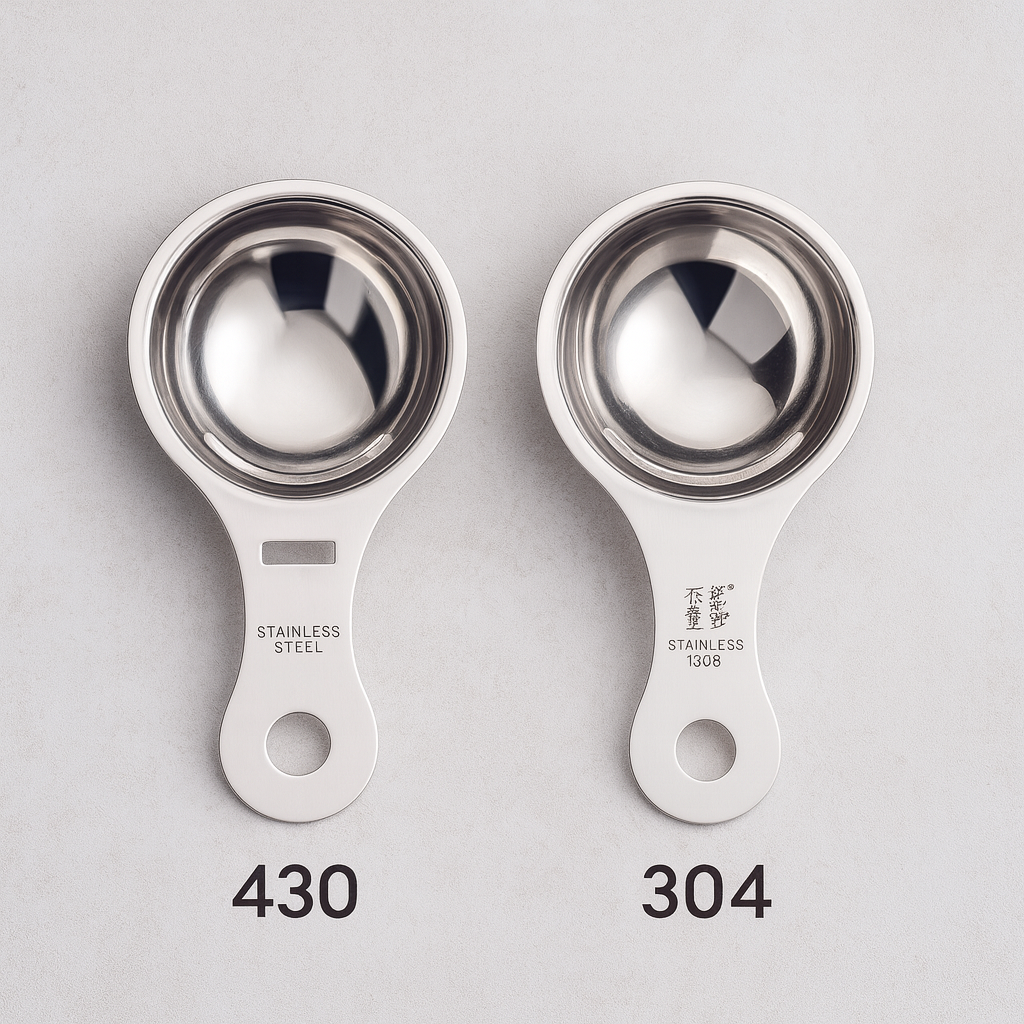 Two stainless steel measuring spoons on a gray background with '430' and '304' text.