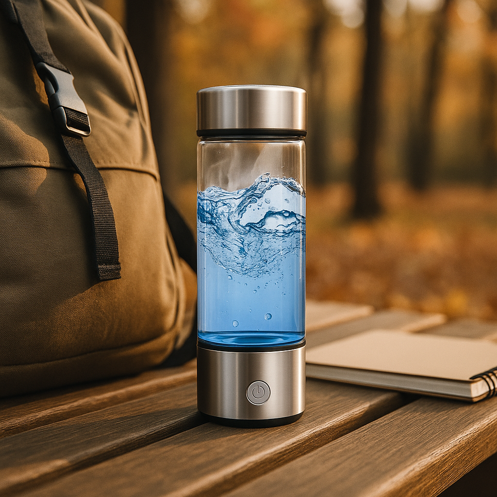 Hydrogen water bottle with blue liquid on a wooden table outdoors