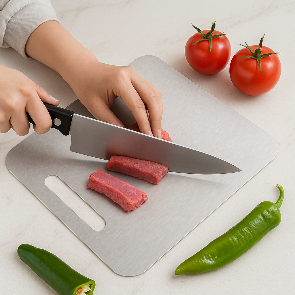 Person cutting meat on a cutting board with tomatoes and green peppers on a light surface