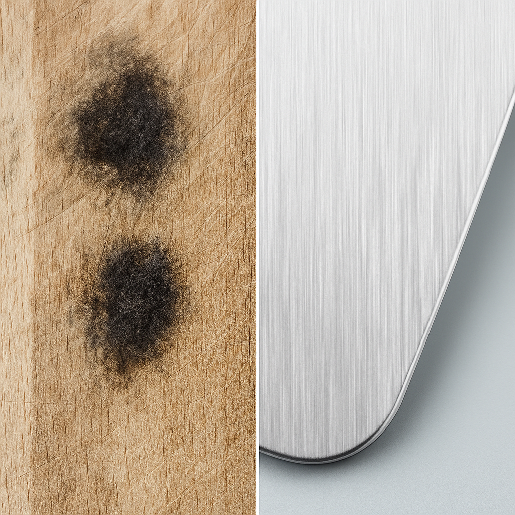 Wooden surface with black mold spots next to a titanium surface.