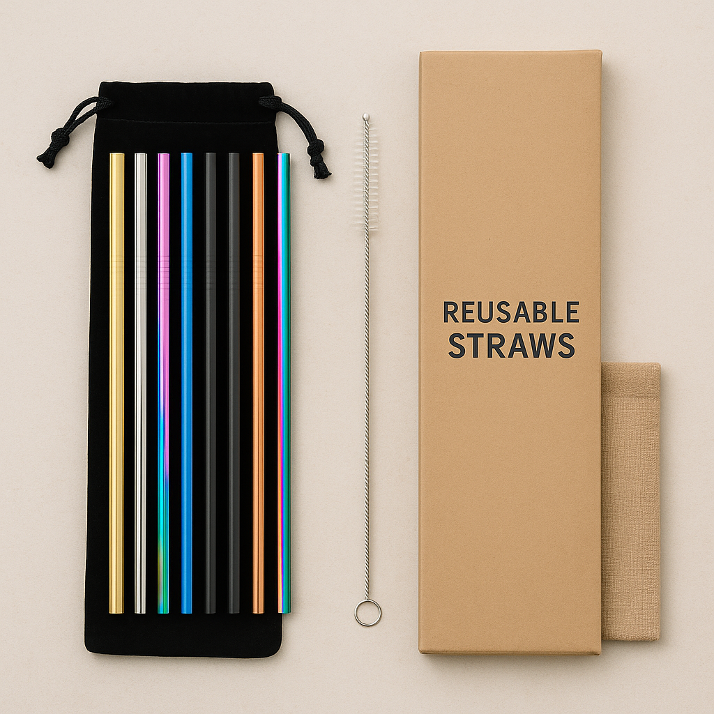 Set of colorful reusable straws in a black drawstring bag with a cardboard box labeled 'Reusable Straws' on a beige background.