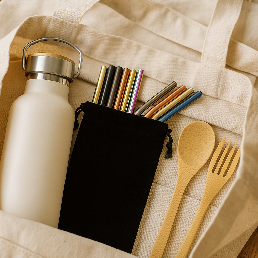 Set of reusable utensils including a water bottle, straws, and cutlery on a beige fabric background.