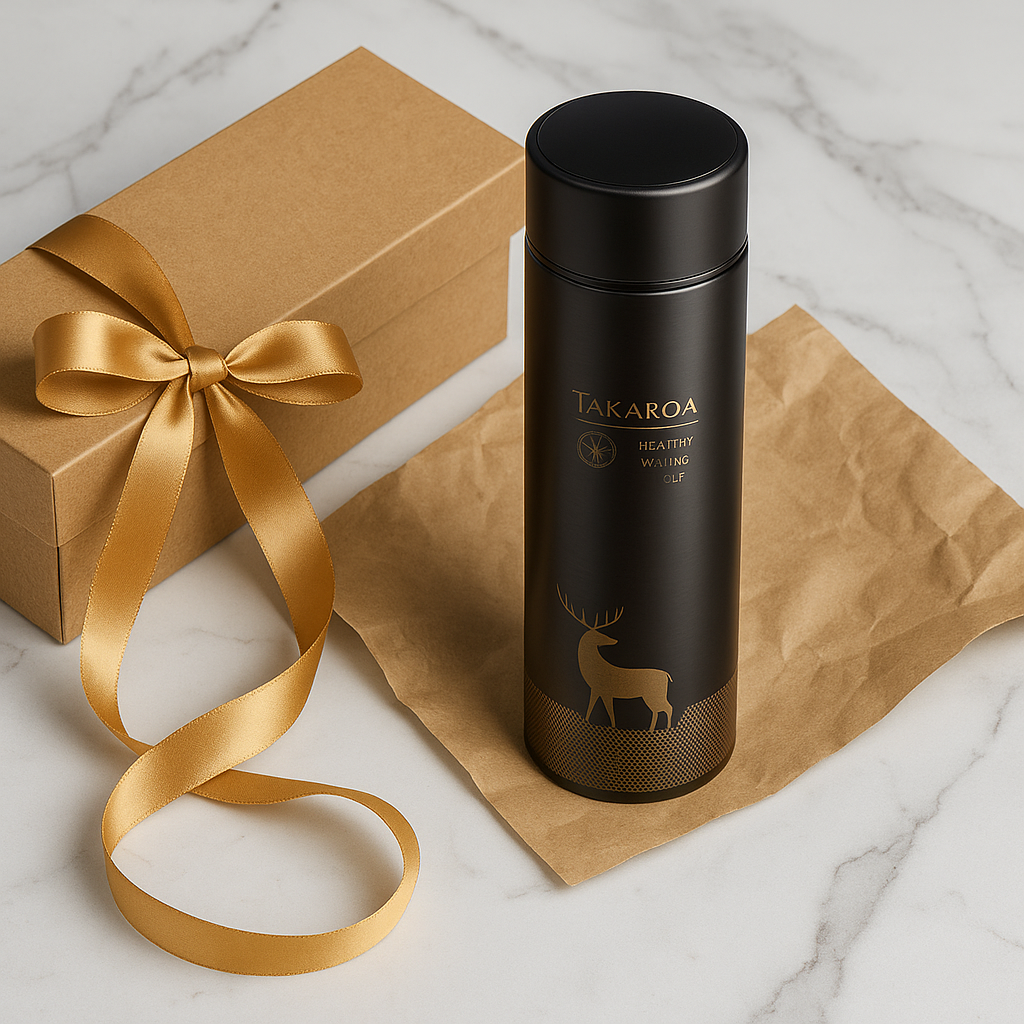 Black thermos bottle with deer design next to a gift box with a gold ribbon on a marble surface