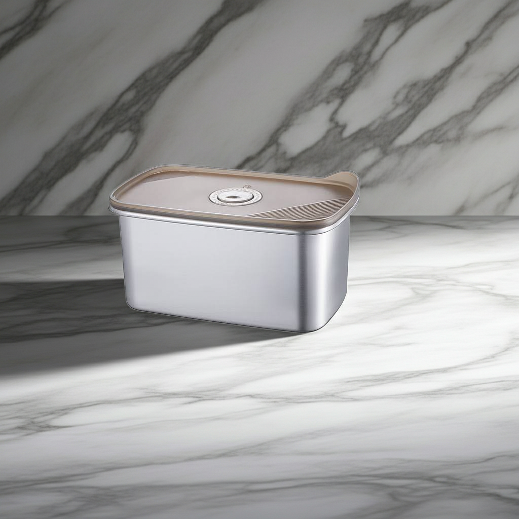 Silver container with a brown lid on a marble surface