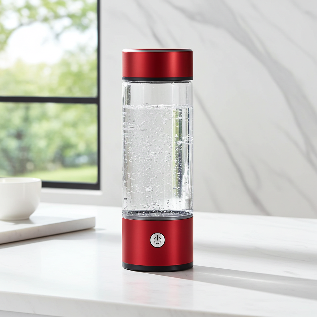 Red and clear glass water bottle with power button on a white surface