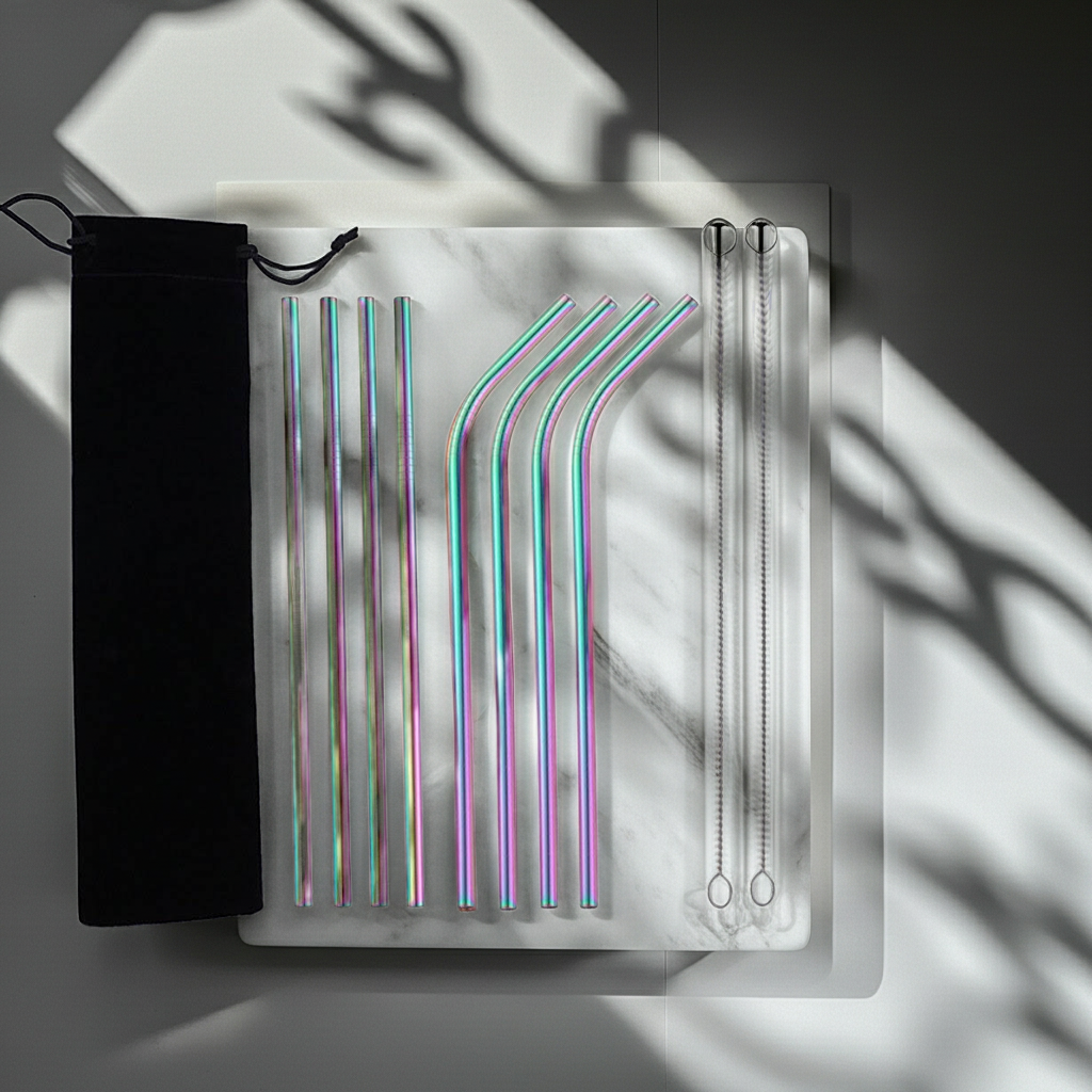 Set of colorful metal straws in a clear packaging on a dark background