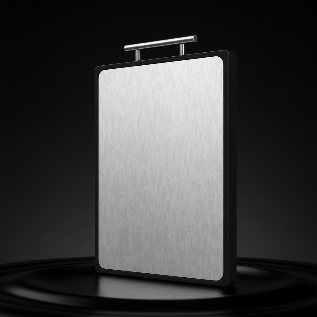 Titanium cutting board up right on a staging surface with a black background