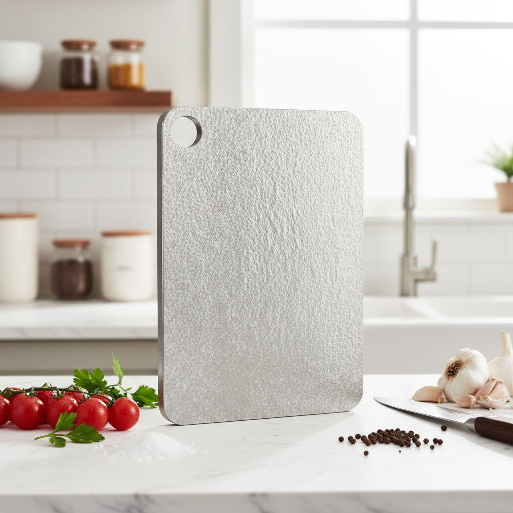 Ice crystal titanium cutting board up right on a table