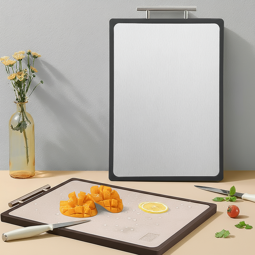 Titanium cutting boards on a table with one up right against a wall