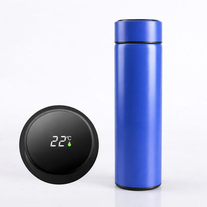Blue thermos bottle with digital temperature display on a white background