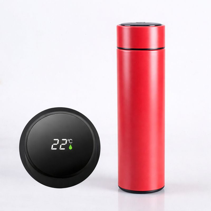 Red thermos bottle with digital temperature display on a white background