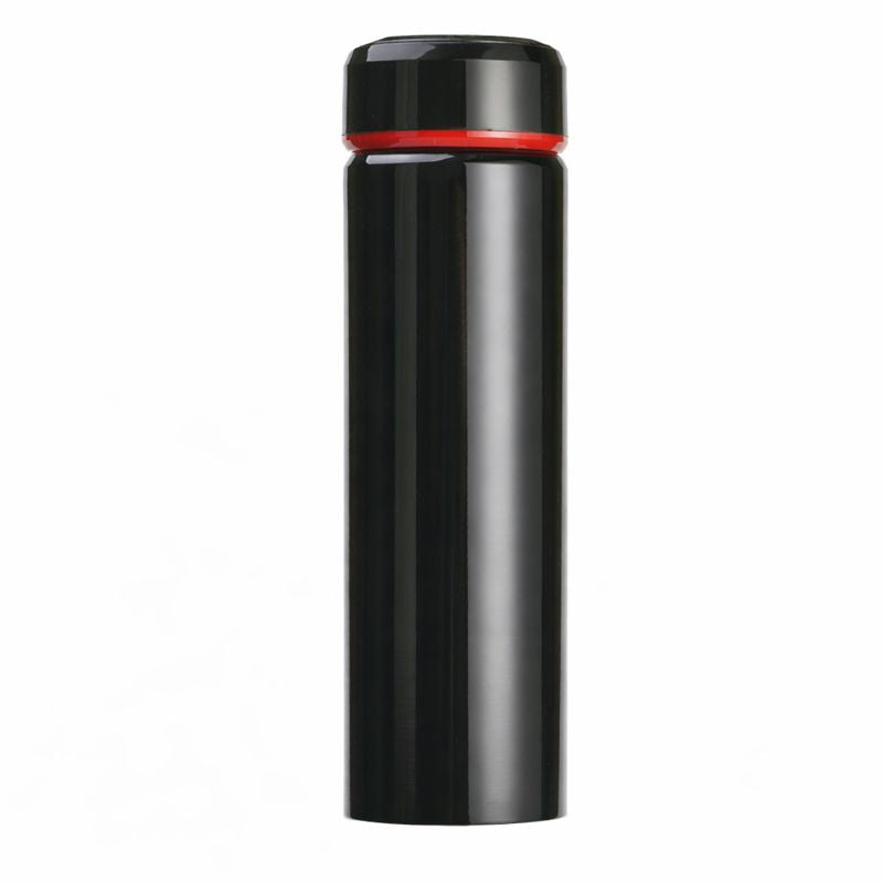 Black thermos with red rim on a white background