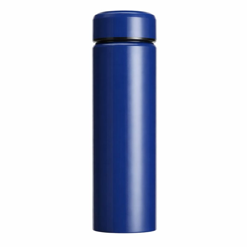 Blue thermos bottle on a white background