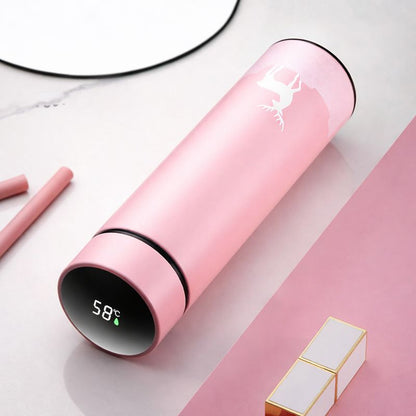 Pink water bottle with digital temperature display on a white surface