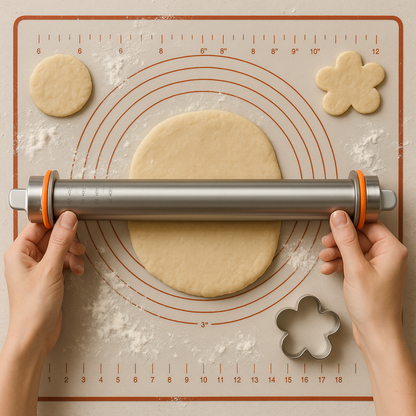 Person rolling out dough with a rolling pin on a measuring mat.