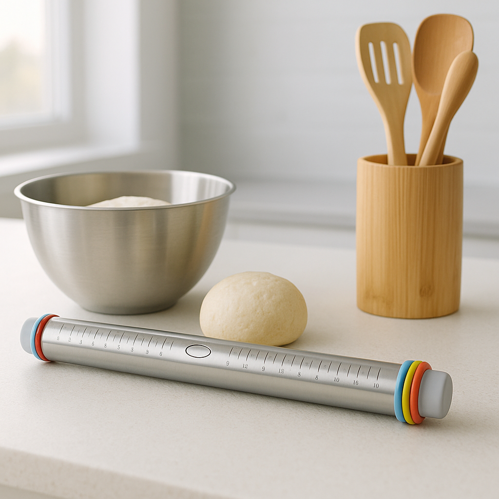 Kneading tool with colorful ends on a kitchen counter next to a metal bowl and wooden utensils.