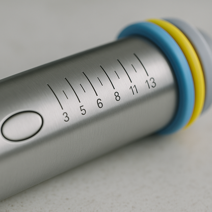 Close-up of a kitchen tool with measurement markings on a light gray background