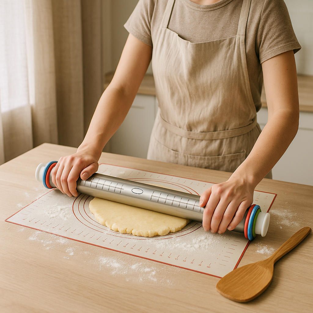 Person rolling out dough with a rolling pin on a wooden table