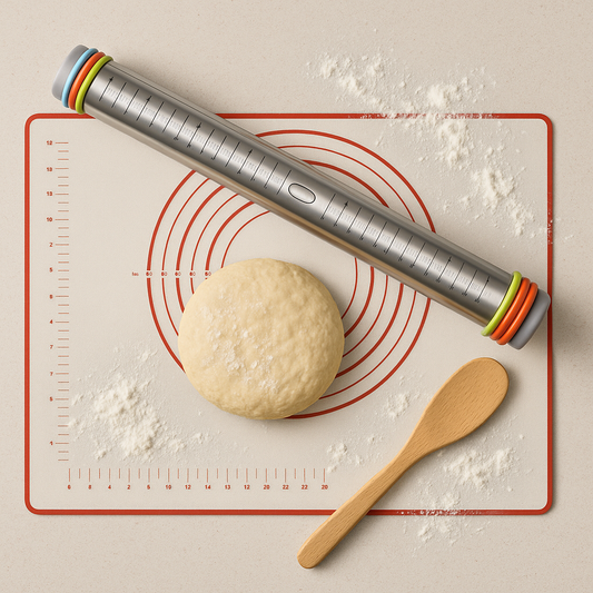 Rolling pin, wooden spoon, and ball of dough on a baking mat with flour.