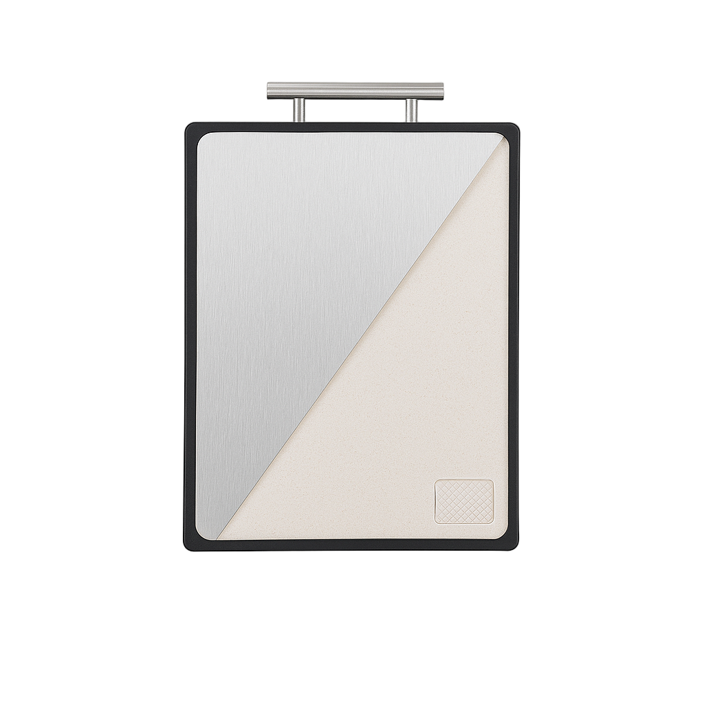 Titanium cutting board with a black frame on a light gray background