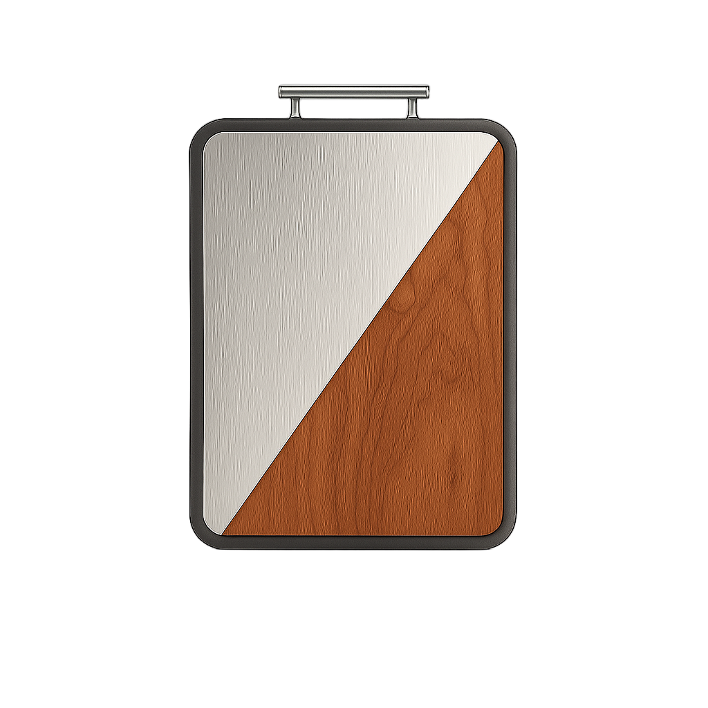 Titanium cutting with wooden panel and metallic frame on a light gray background