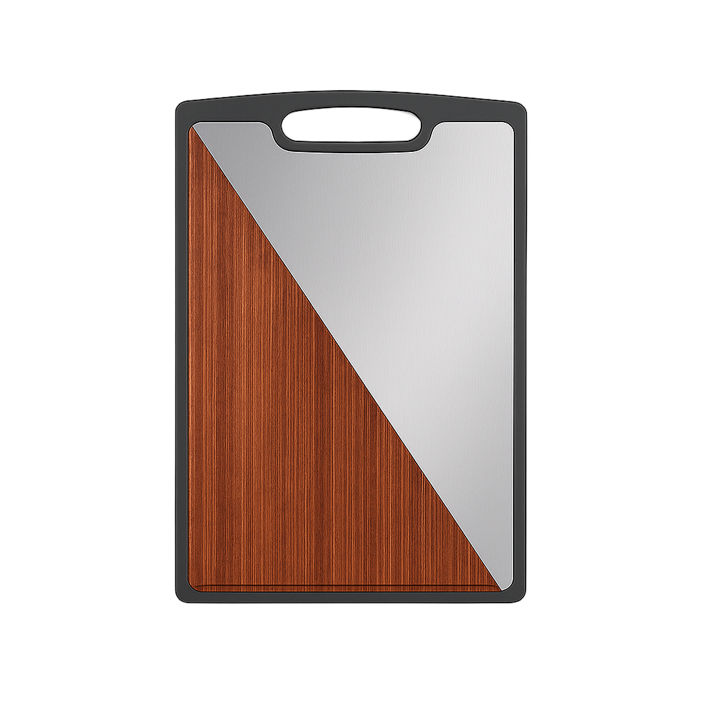 Cutting board with wooden and metallic surface on a gray background