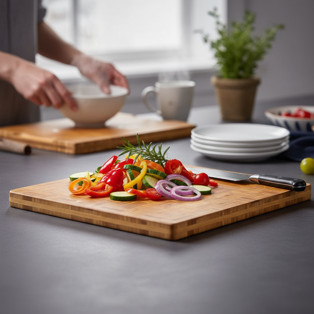 Bamboo cutting board with chopped vegetables on a kitchen counter