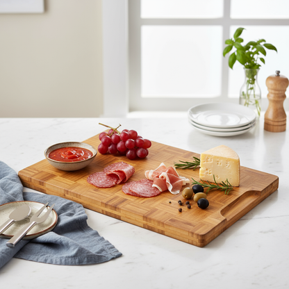 Bamboo cutting board with cured meats, olives, and a block of cheese on a kitchen counter.