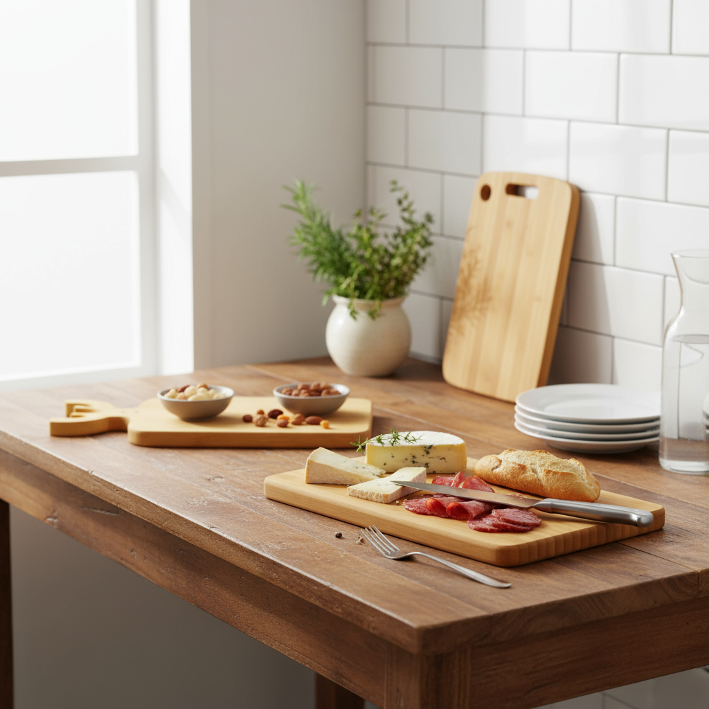 Wooden dining table with food and bamboo  cutting boards in a kitchen setting