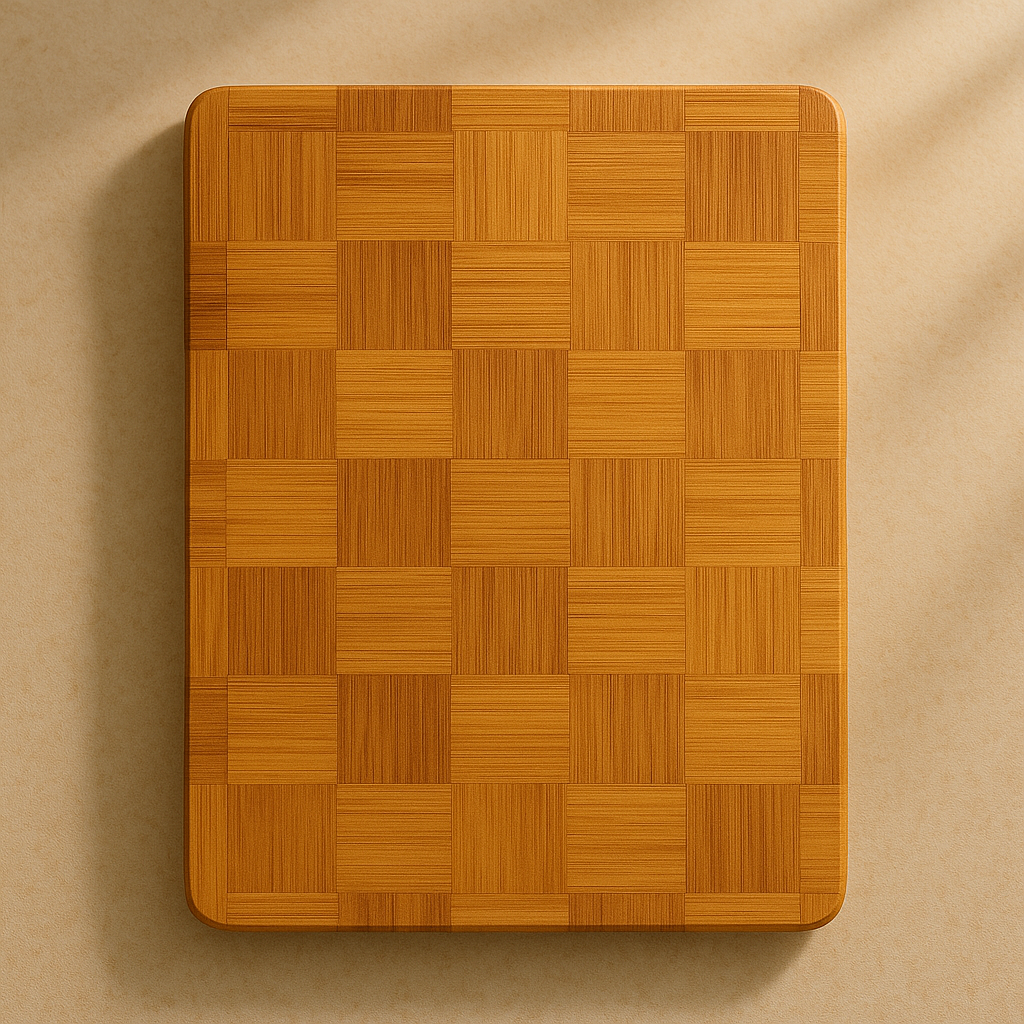 Bamboo cutting board with a checkered pattern on a beige background