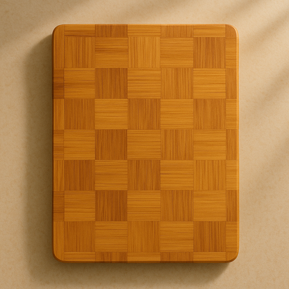 Bamboo cutting board with a checkered pattern on a beige background
