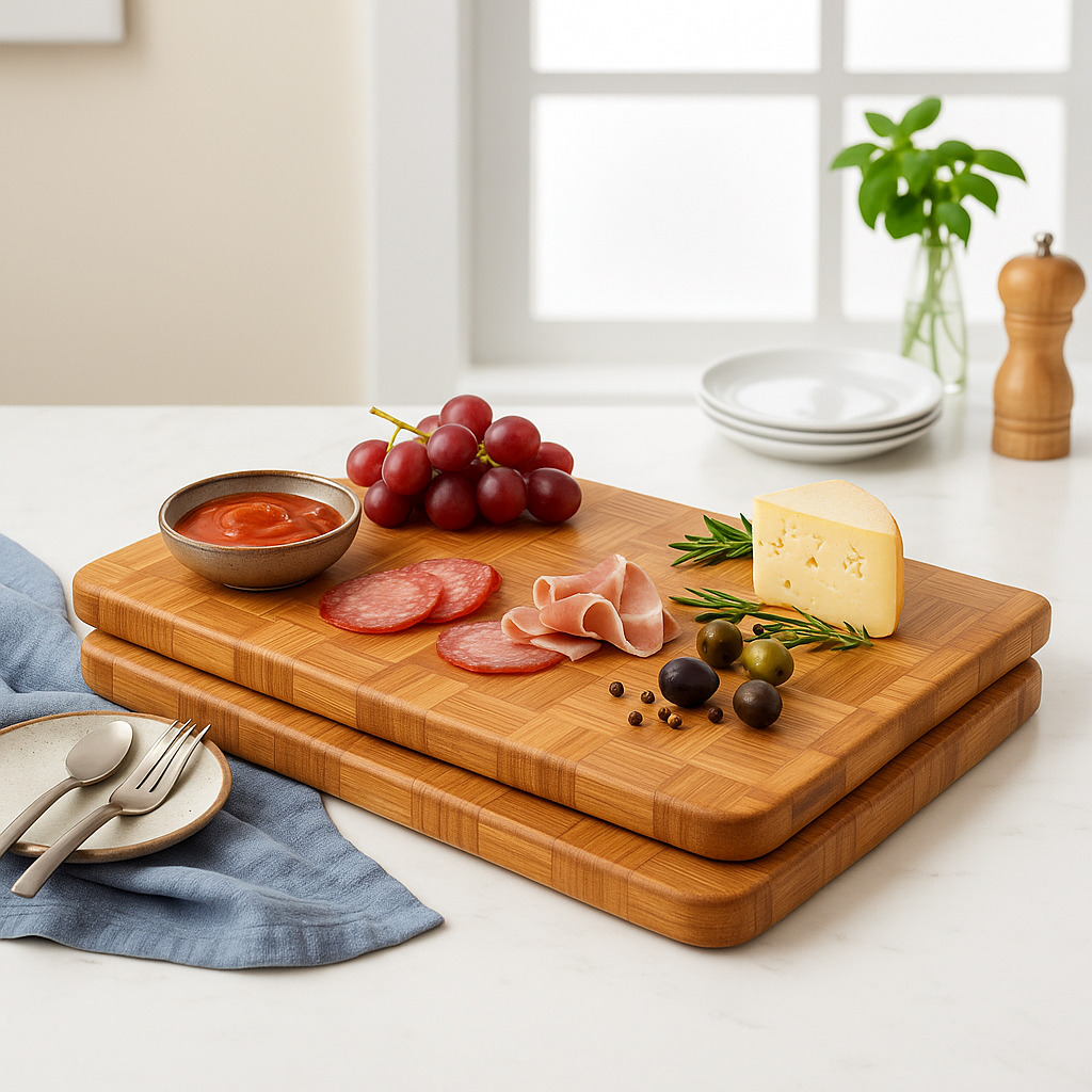 Bamboo cutting board with sliced meats, grapes, and a block of cheese on a white surface.