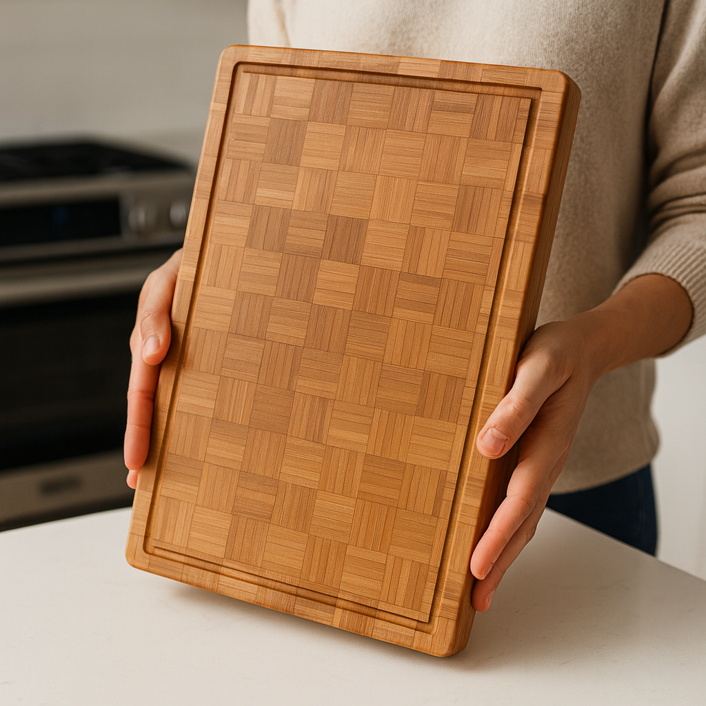 Person holding a bamboo cutting board in a kitchen setting