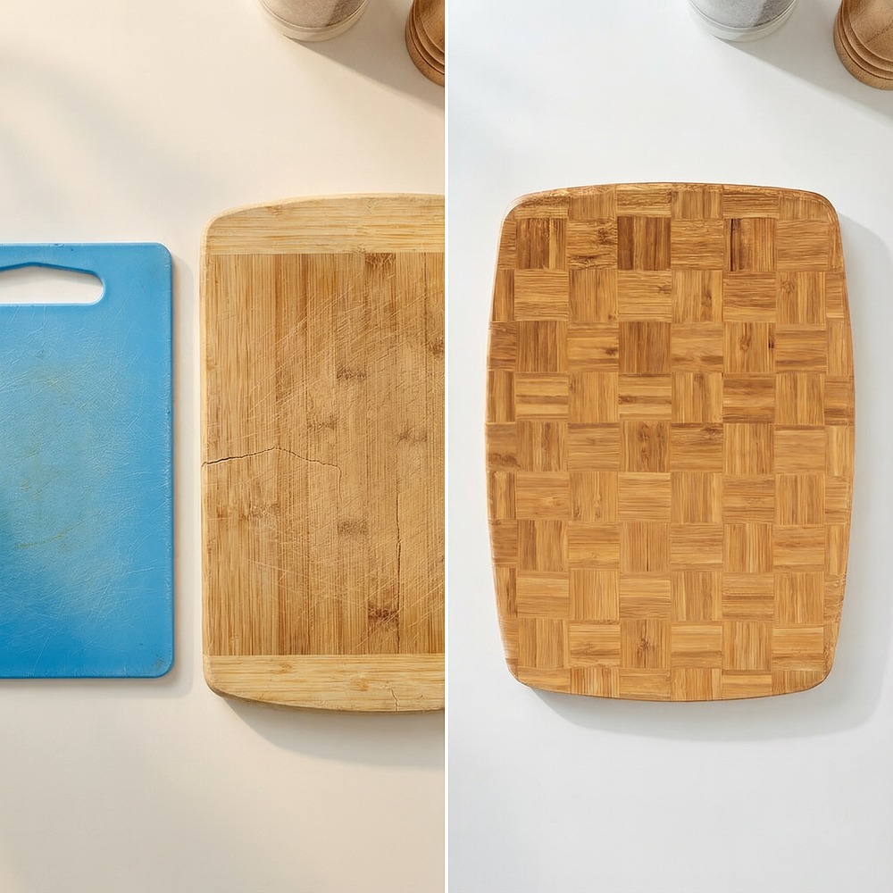 Two wooden cutting boards, one plain and one with a woven pattern, on a light background.