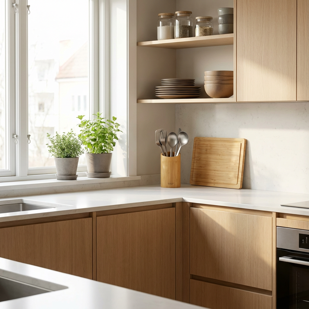 Modern kitchen with wooden cabinets, white countertops, and decorative elements.