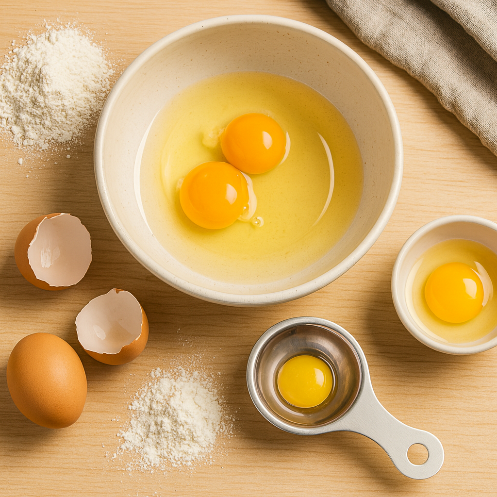 Eggs in a bowl with flour and a measuring cup on a wooden surface