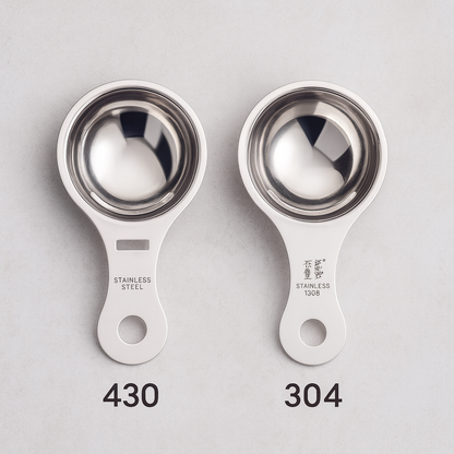 Two stainless steel measuring spoons on a gray background with '430' and '304' text.