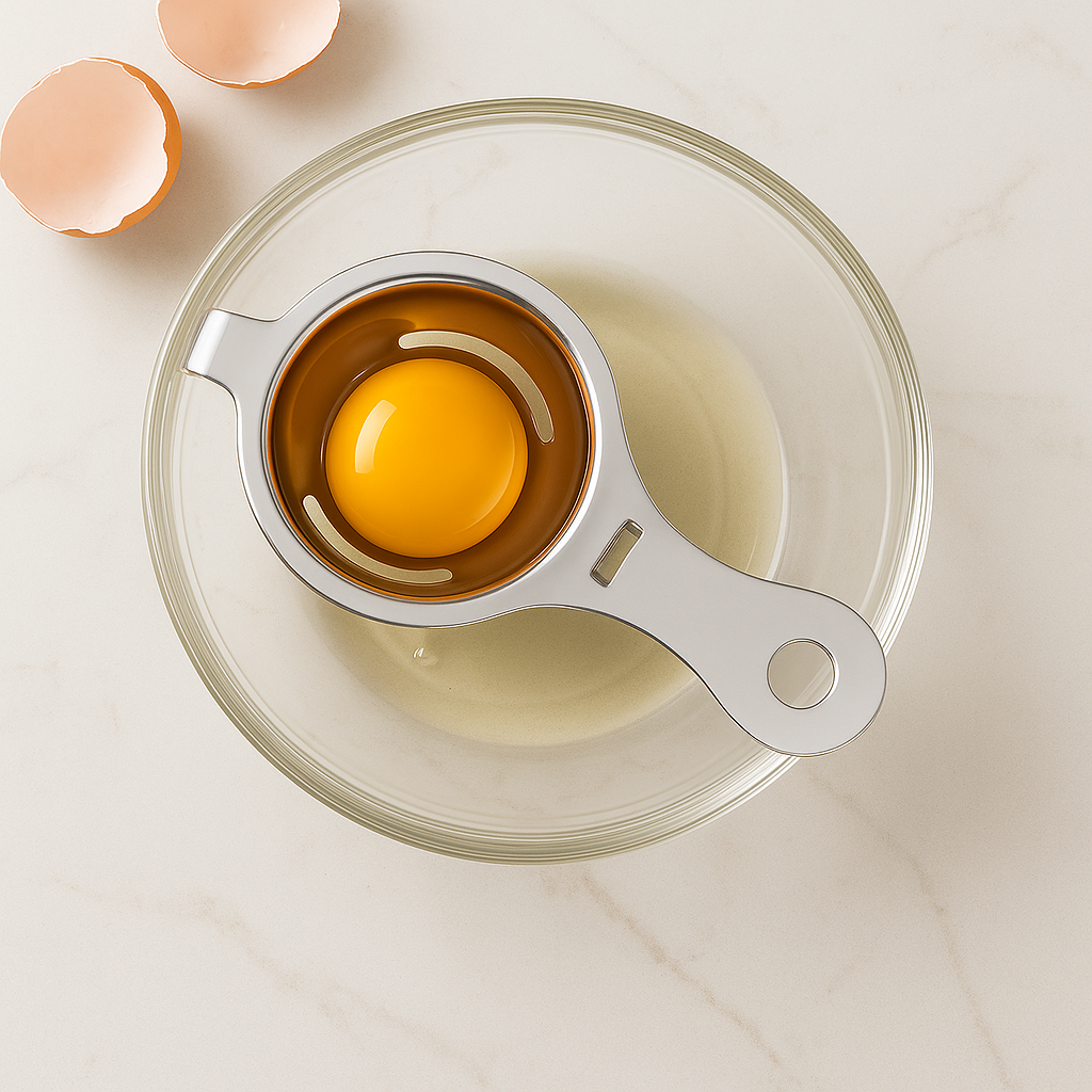 Egg separator with an egg yolk in a glass bowl on a marble surface