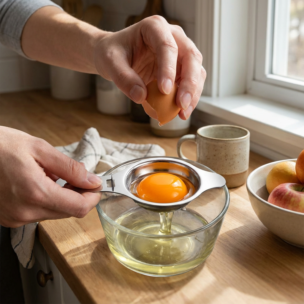 Person separating an egg using a metal egg separator over a glass bowl on a wooden countertop.