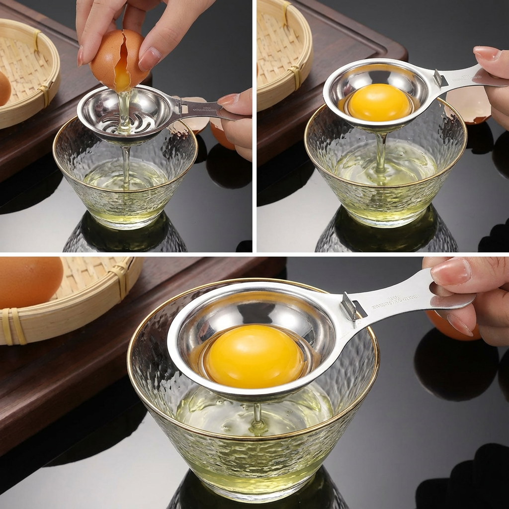 Collage of three images showing an egg being cracked into a glass bowl using a metal egg separator.