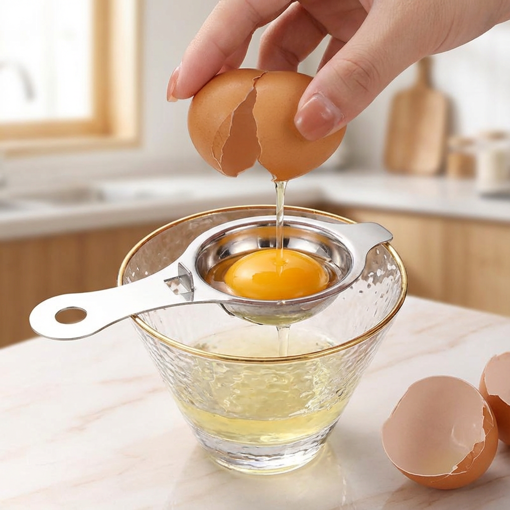Person using a metal egg separator to separate an egg yolk into a glass bowl with a kitchen background.