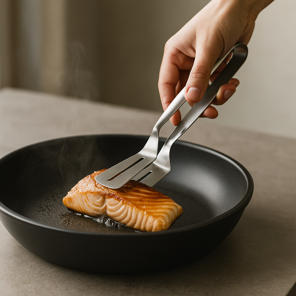 Person using a spatula to flip fish in a black pan on a neutral background