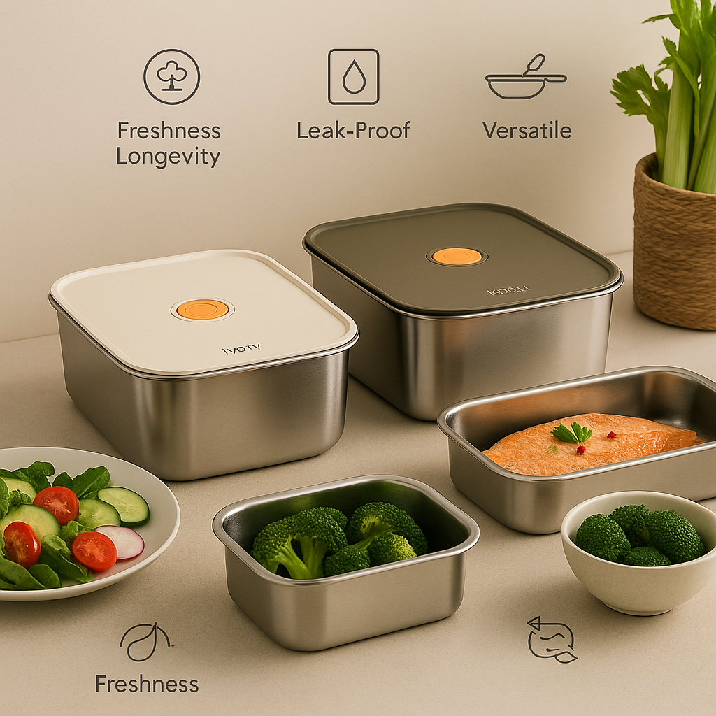 Set of stainless steel food containers with icons indicating freshness, leak-proof, and versatility on a neutral background.