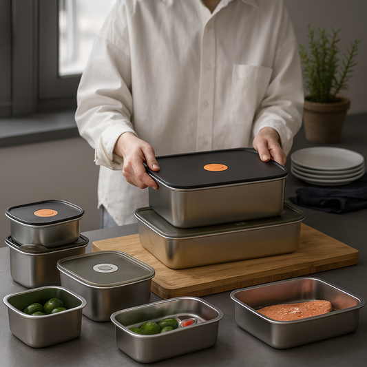 Fresh keeping boxes stacked on a table with a women standing behind the table