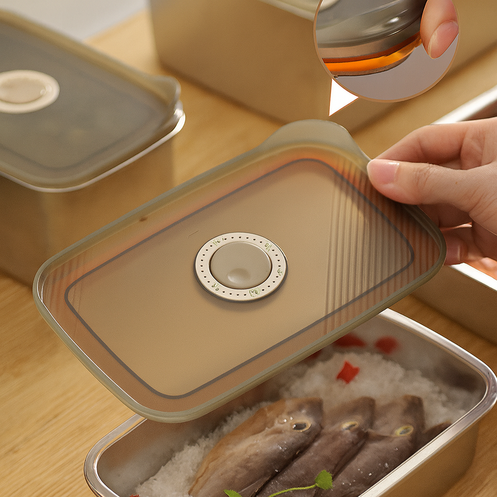 Fresh keeping boxes on a table with lid open
