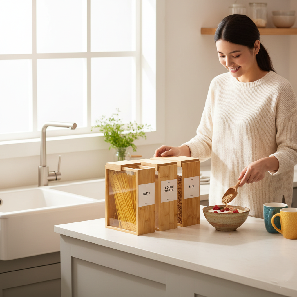 Woman in a kitchen preparing a meal with wooden spice racks on a white countertop.