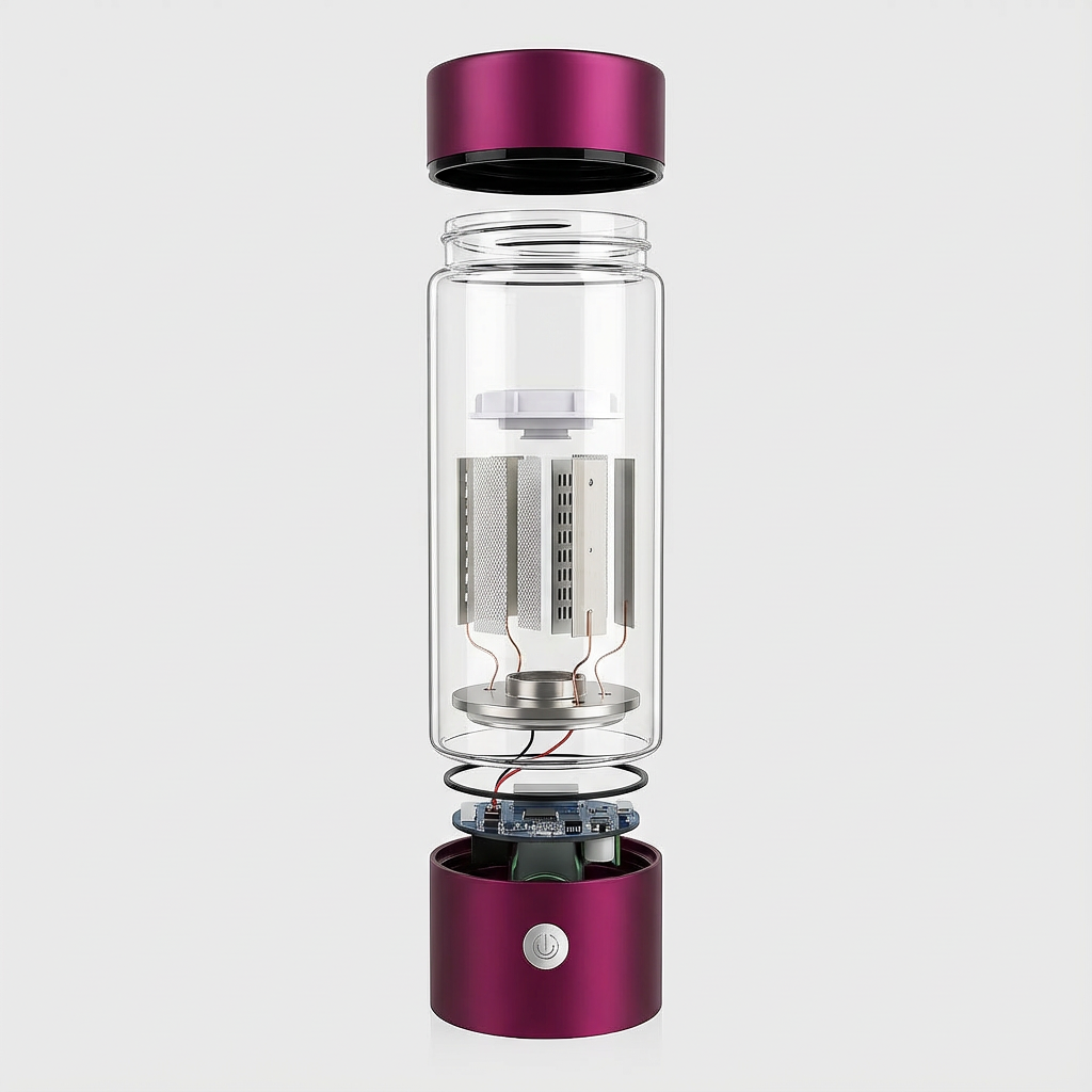 Clear glass tea infuser with purple metal top and bottom on a white background
