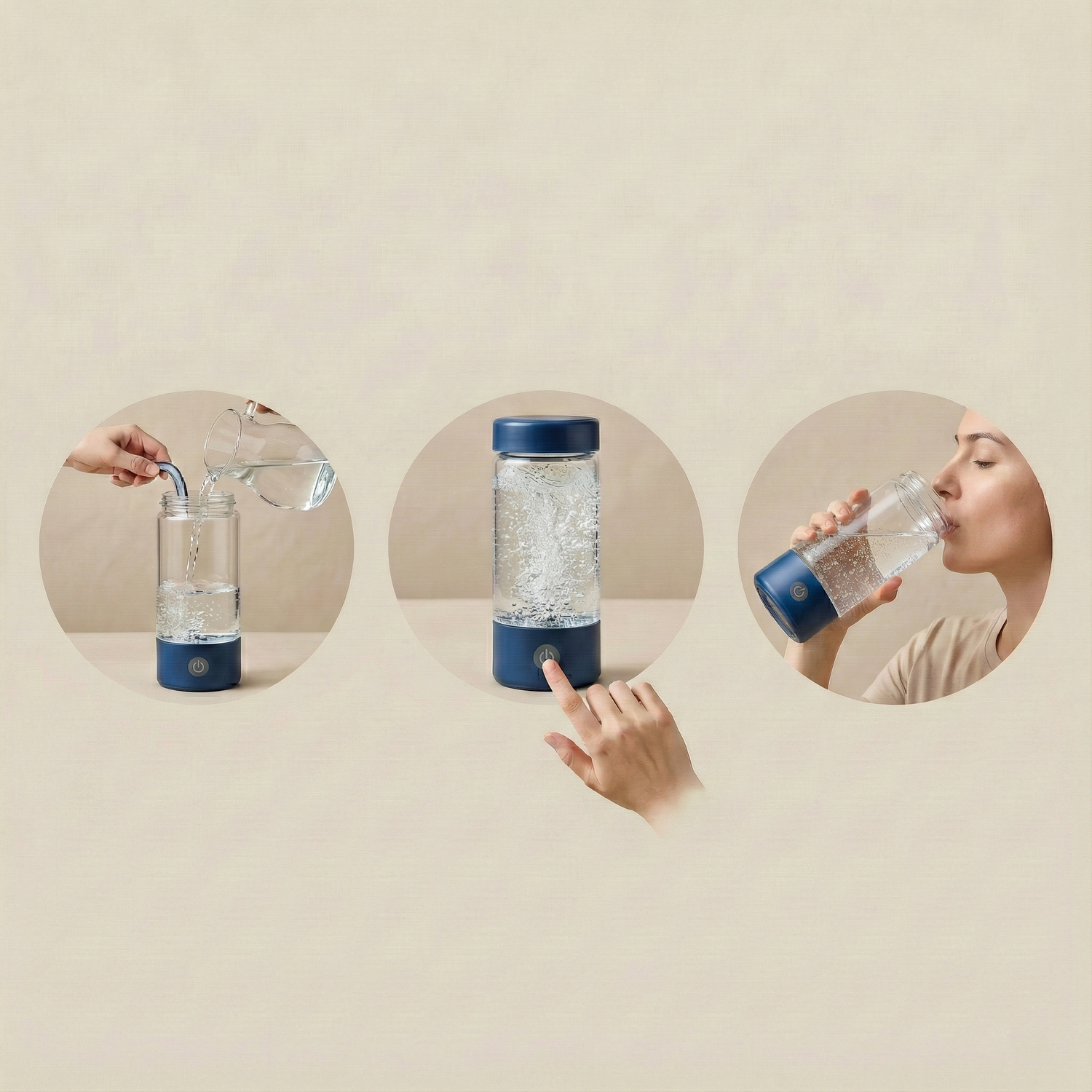 Collage of a water bottle being filled, pointed at, and held by a person against a beige background.